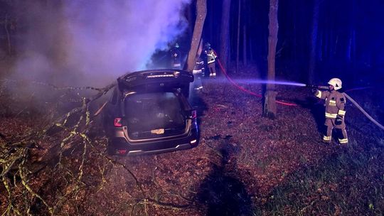 Pojazd stanął w płomieniach. Pożar po uderzeniu w drzewo