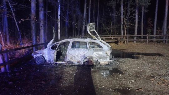 Spłonął samochód na leśnym parkingu