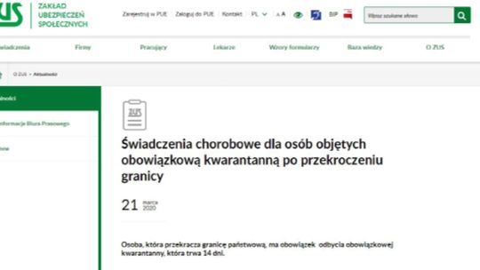 ZA KWARANTANNĘ NALEŻY SIĘ ZASIŁEK - Bardzo mała ilość złożonych wniosków.