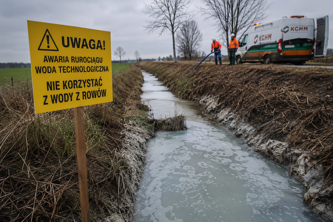 Awaria rurociągu KGHM. Woda technologiczna trafiła do przydrożnych rowów!