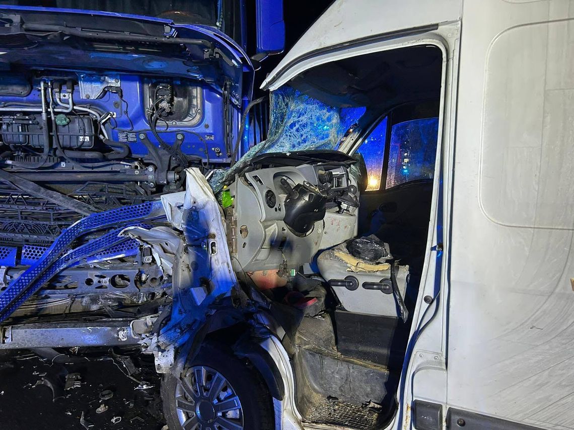 Czołowe zderzenie busa z ciężarówką na DK12. Dwie osoby ranne