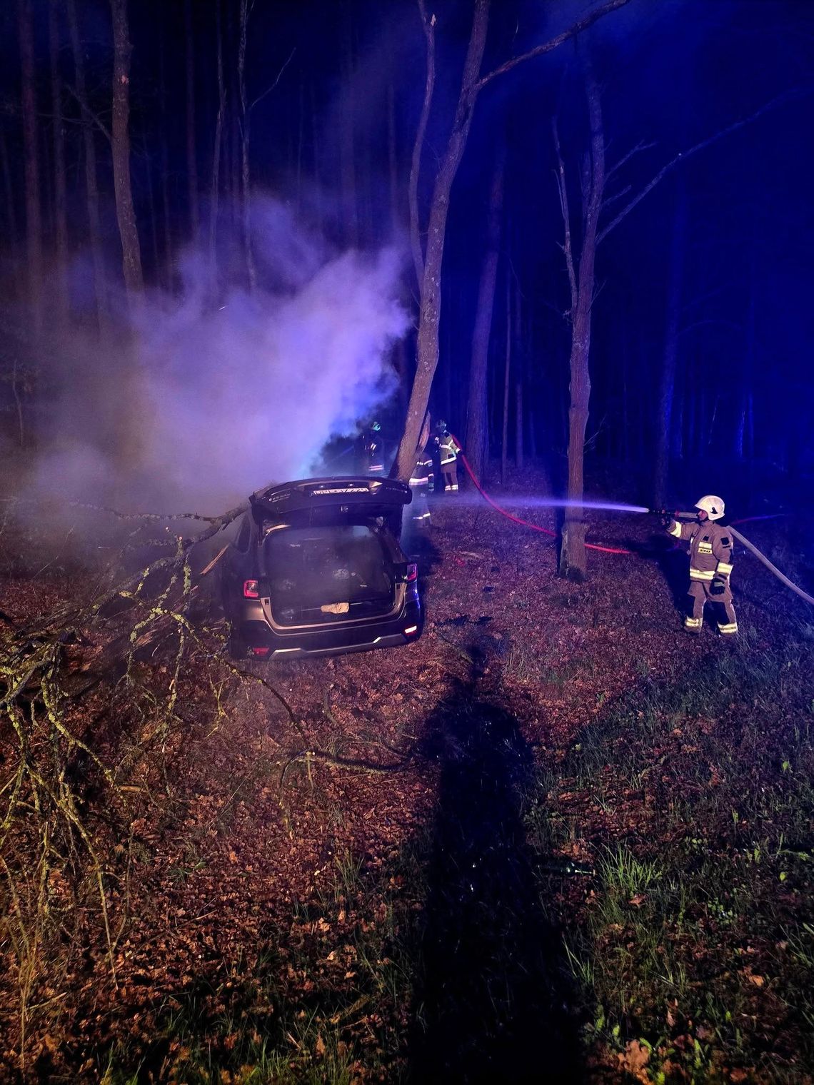 Pojazd stanął w płomieniach. Pożar po uderzeniu w drzewo