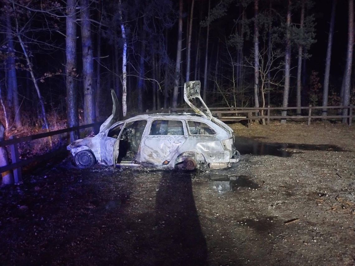 Spłonął samochód na leśnym parkingu