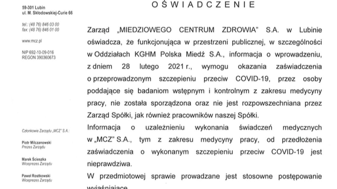 ZARZĄD MCZ ZAPRZECZA INFORMACJI